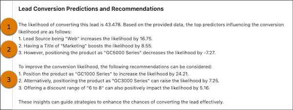 Predictive result for lead conversion, including the predicted outcome, top predictors, and recommendations.