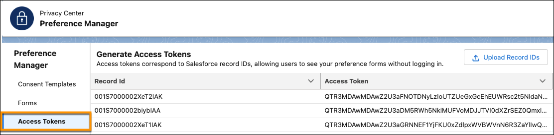 The Preference Manager dashboard with the Access Tokens feature selected