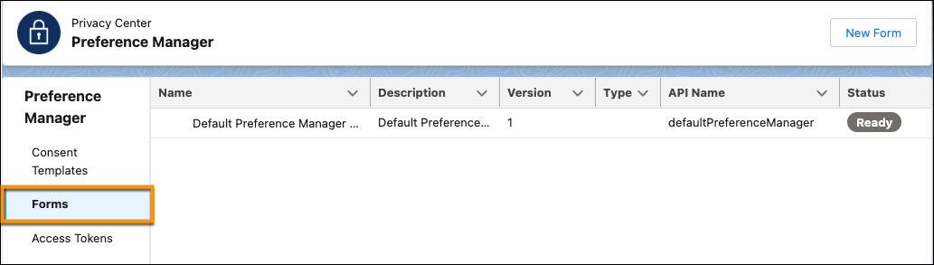 The Preference Manager dashboard with the Forms feature selected