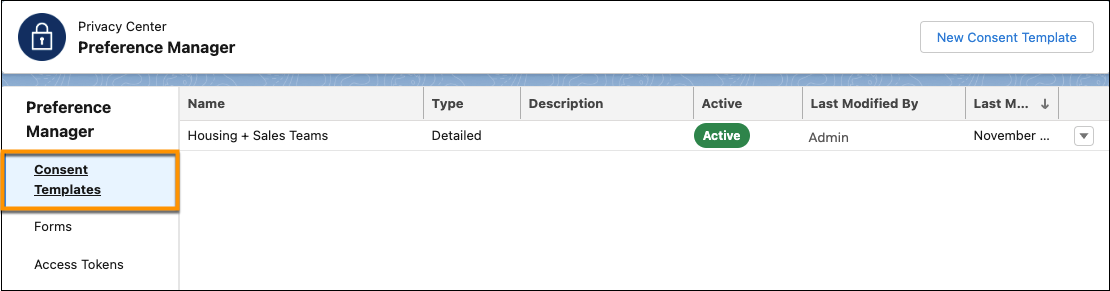 The Preference Manager dashboard with the Consent Templates feature selected