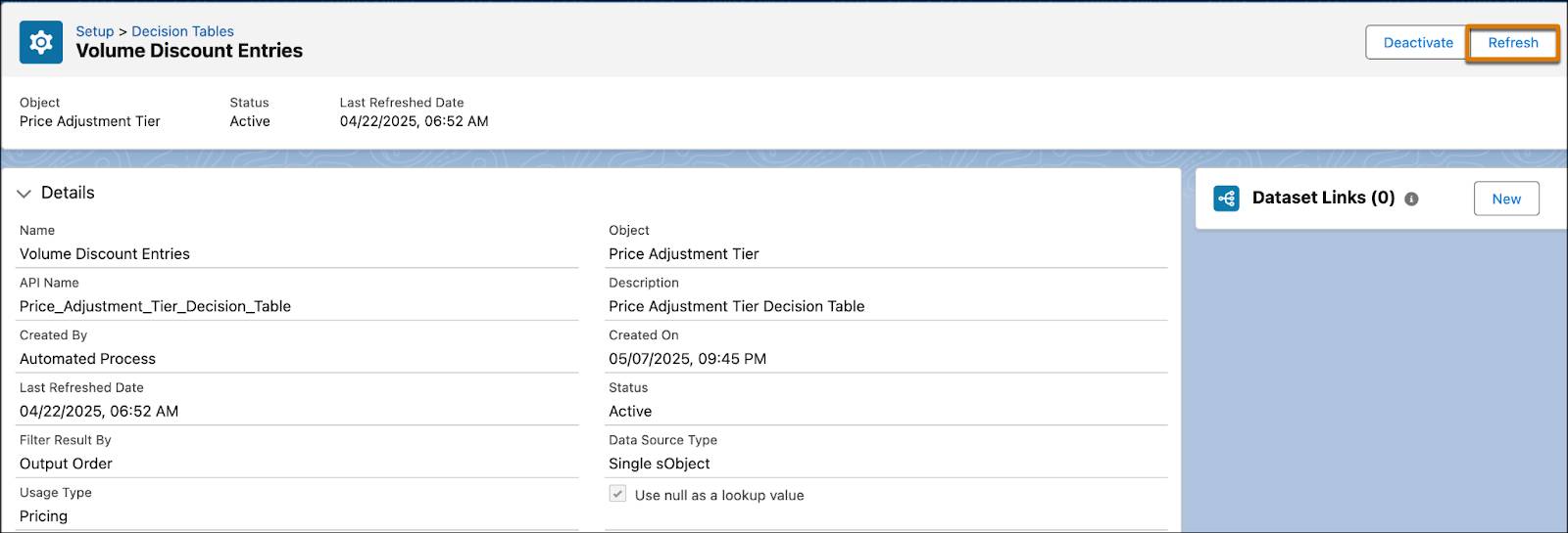 Refresh button on the Volume Discount Entries page.
