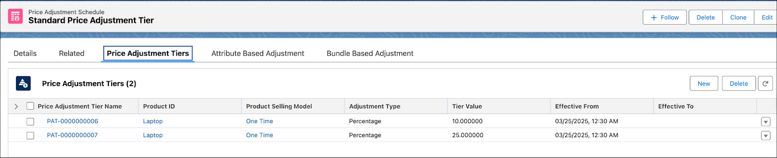 Two price adjustment tiers created for the Laptop product.