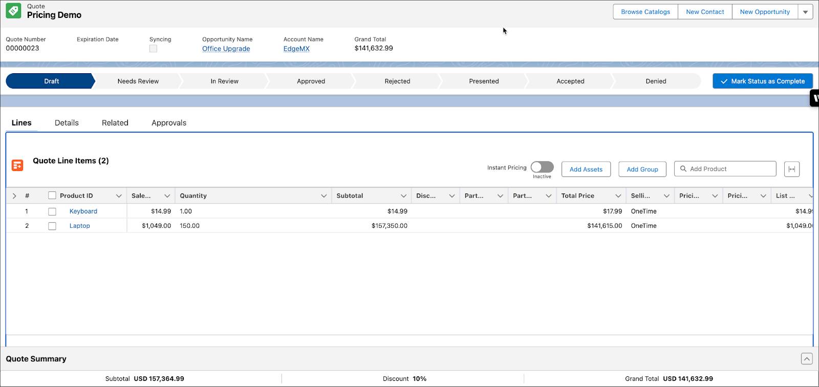 The Pricing Demo quote with the newly added line items.