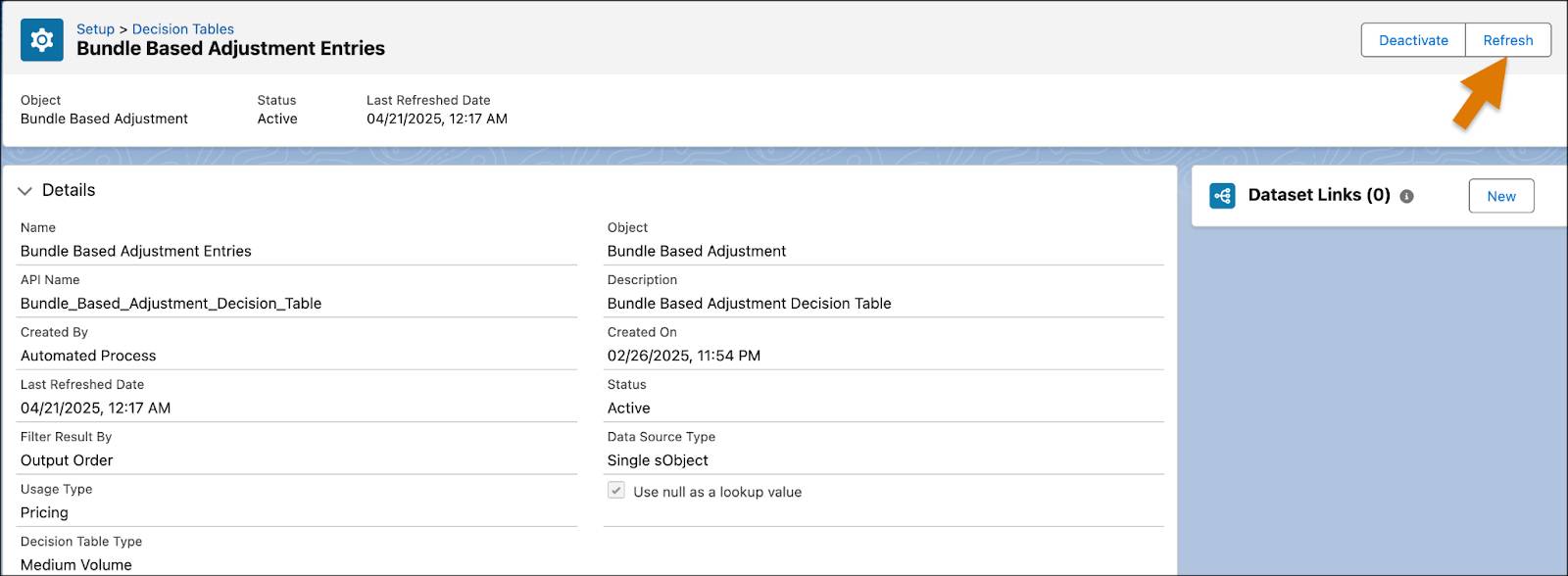Refresh button on the Bundle Based Adjustment Entries page.
