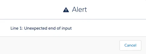 Alert message with formula error text.