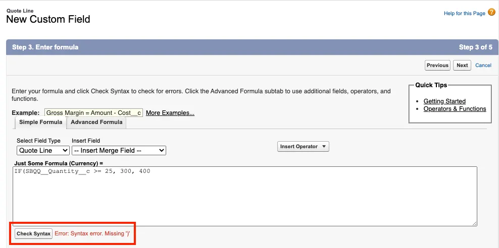 Formula field setup page with Check Syntax button.