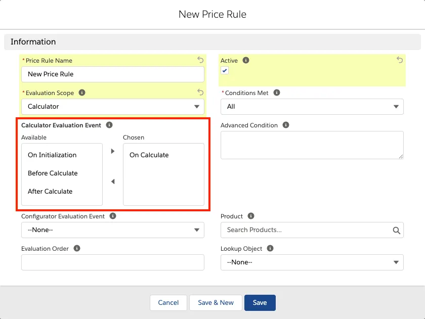 Price rule record with the Evaluation Event field highlighted.