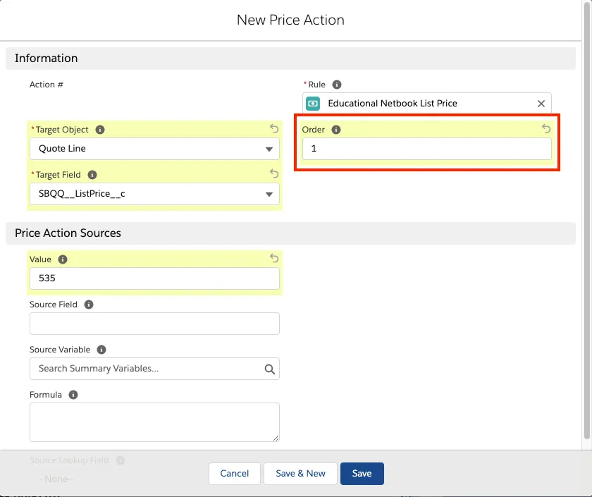 Price action record with the Order field highlighted.