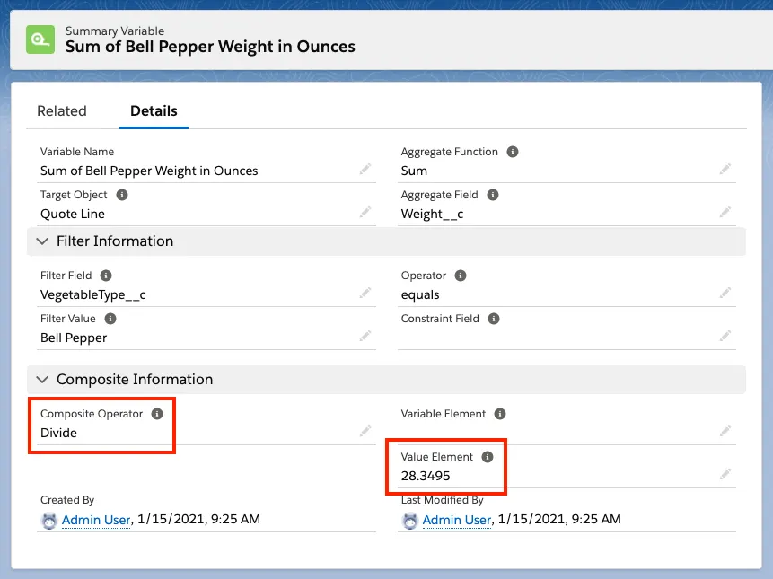 Summary variable record with Composite Operator and Value Element fields highlighted.