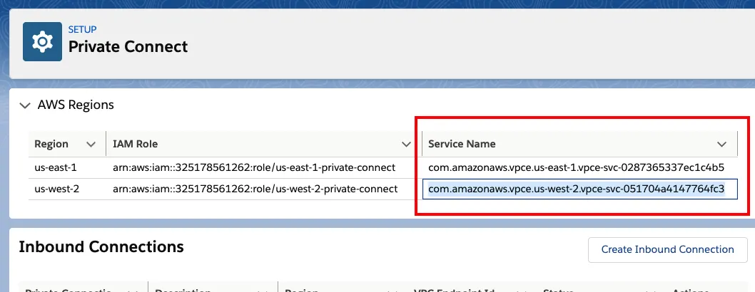 The Private Connect Setup page, with the list of AWS regions. The service name of each region is highlighted.