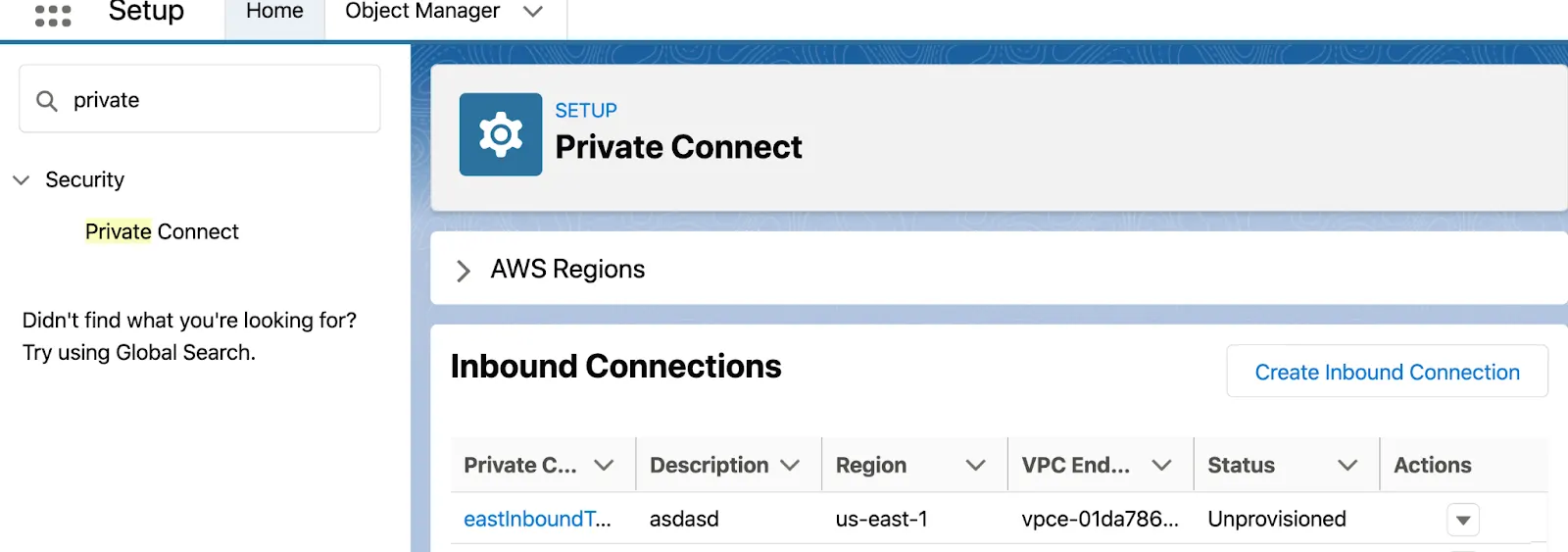 The Salesforce Setup page showing an unprovisioned inbound connection.