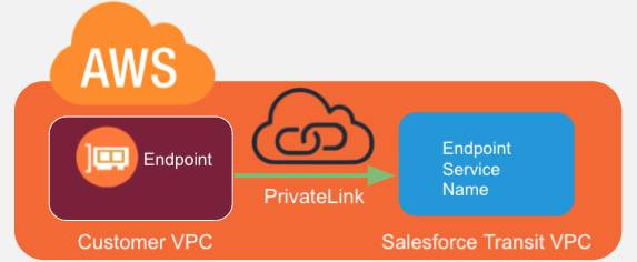 The AWS cloud with a PrivateLink connection pointing from the customer VPC to the Salesforce transit VPC.