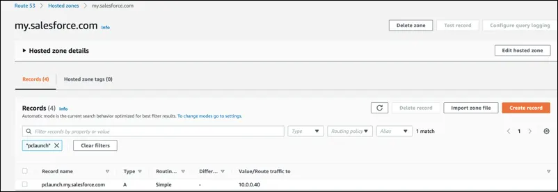 The Route 53 dashboard in the AWS Console showing hosted zone and record set.