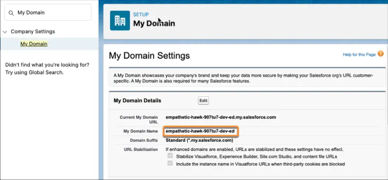 The My Domain Settings page in Setup with the My Domain Name field value circled.