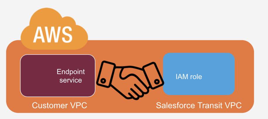 The Salesforce transit VPC and customer VPC shaking hands.