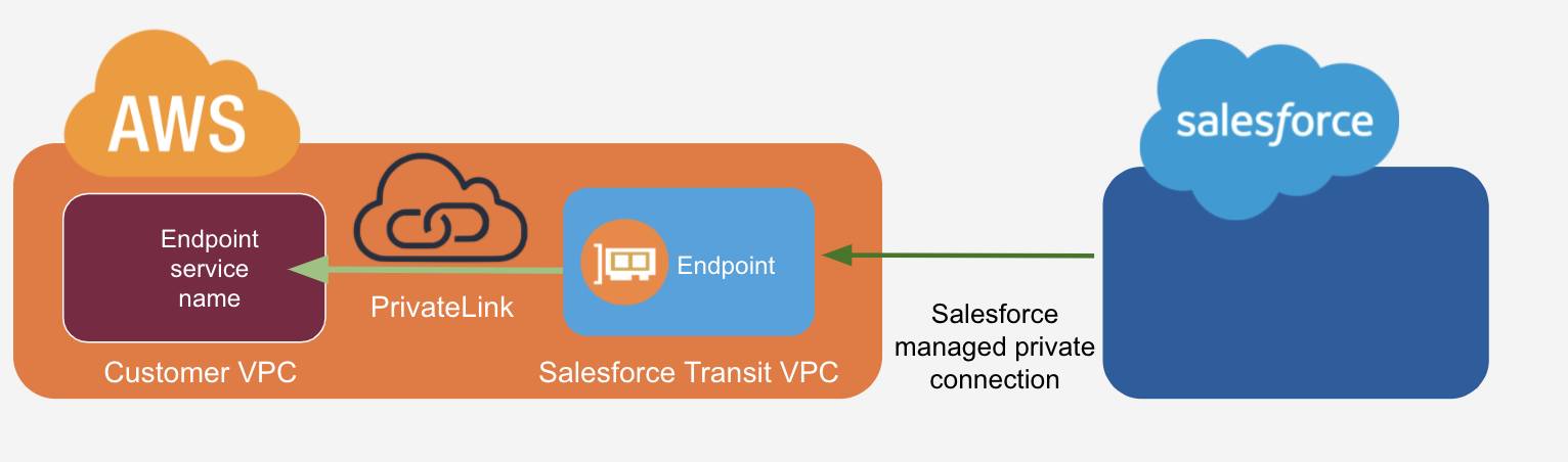 All the components of an outbound connection: Salesforce-managed Transit VPC, PrivateLink, AWS endpoint service name.