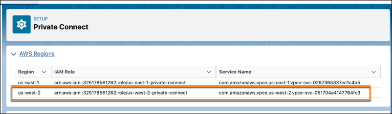 The Private Connect page in Setup with the us-west-2 AWS region highlighted.