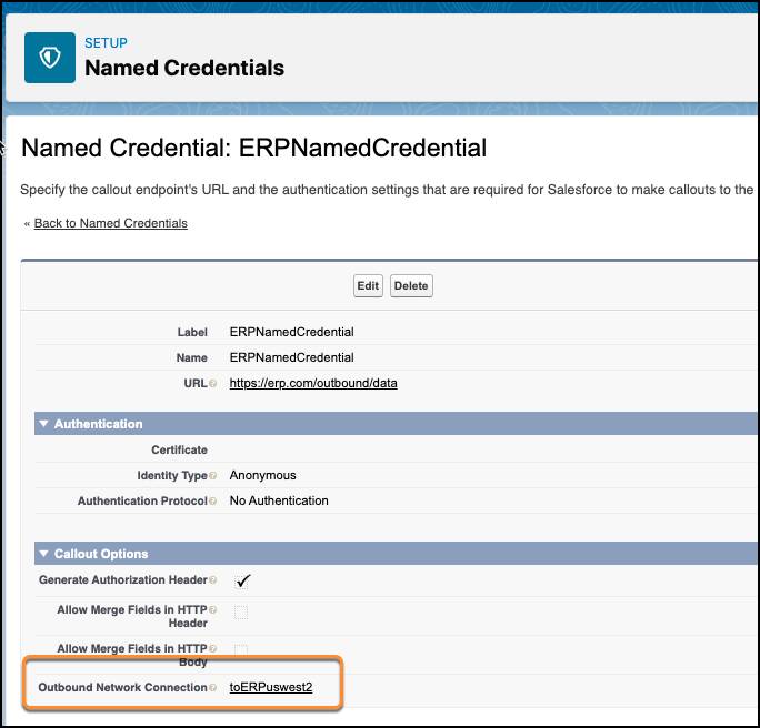 Setup page showing a named credential called ERPNamedCredential with the outbound network connection named toERPuswest2 highlighted.