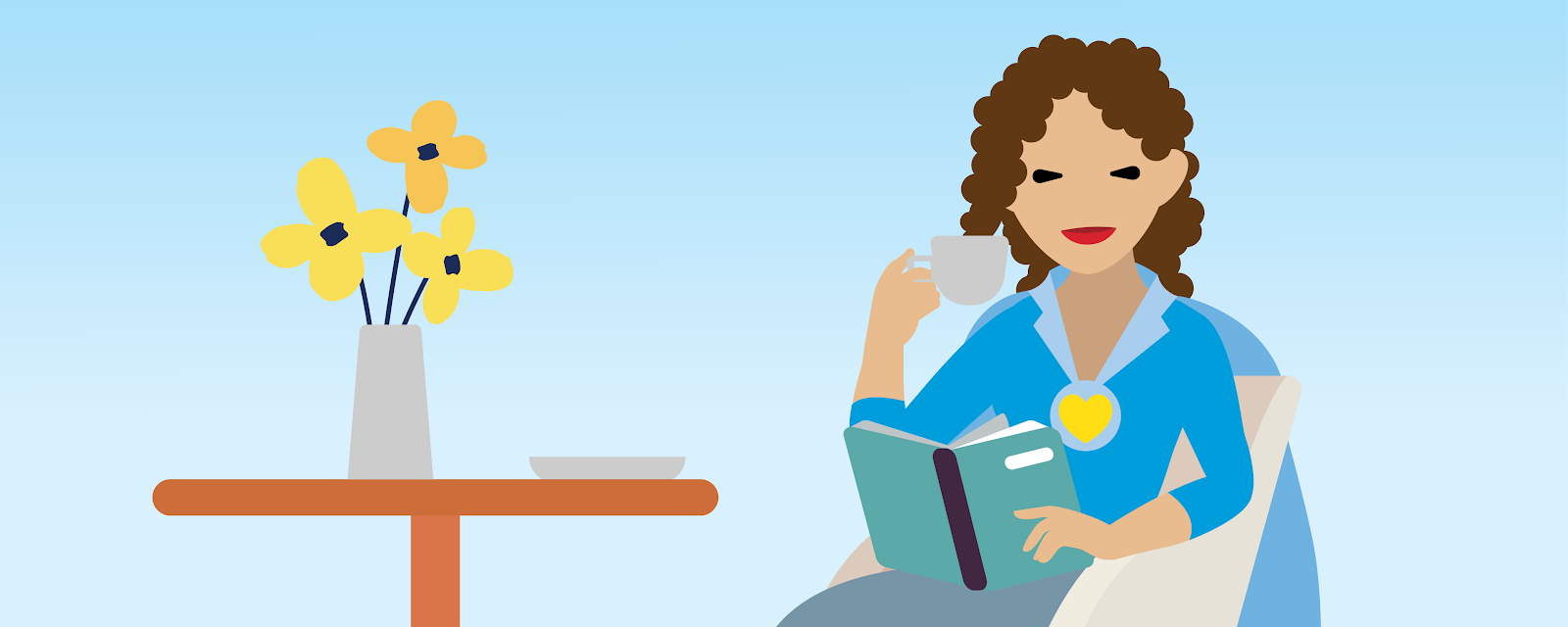 Illustration d’une femme assise sur une chaise, buvant du café et lisant un livre.