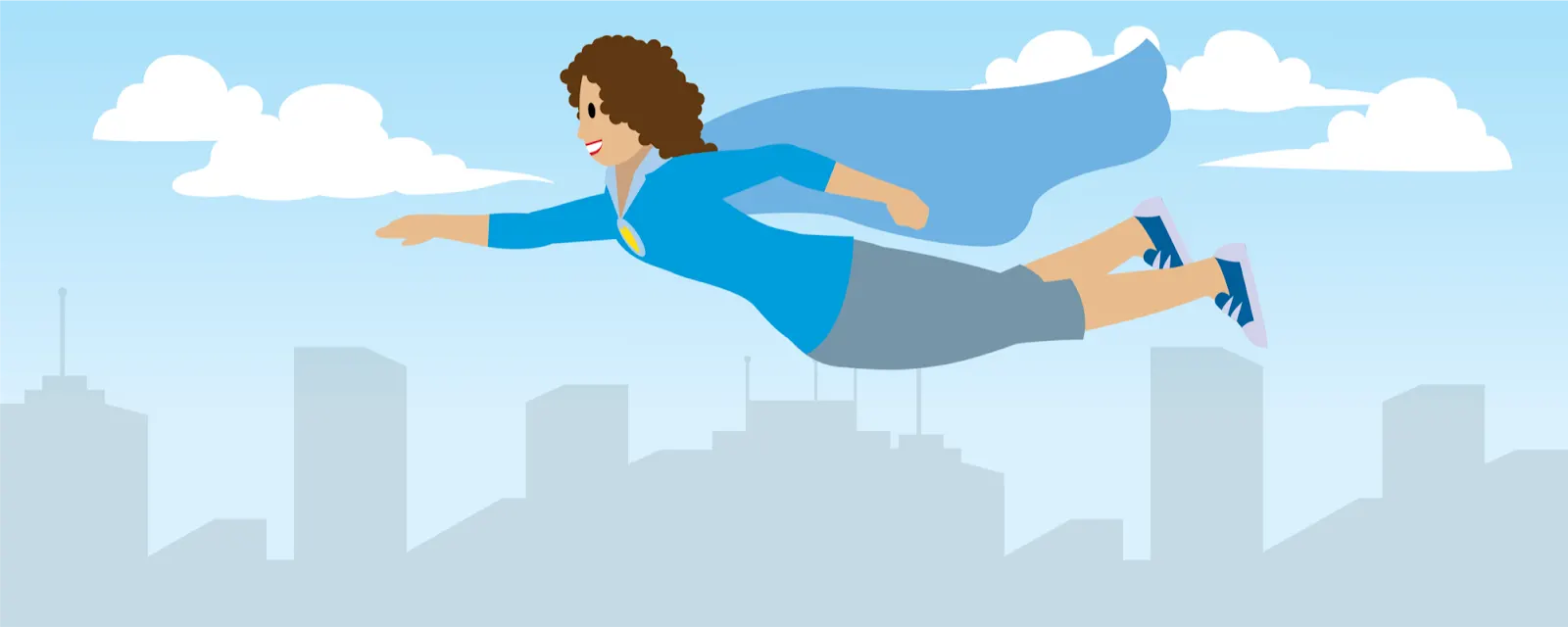 Illustration of a woman wearing a cap flying above a city.