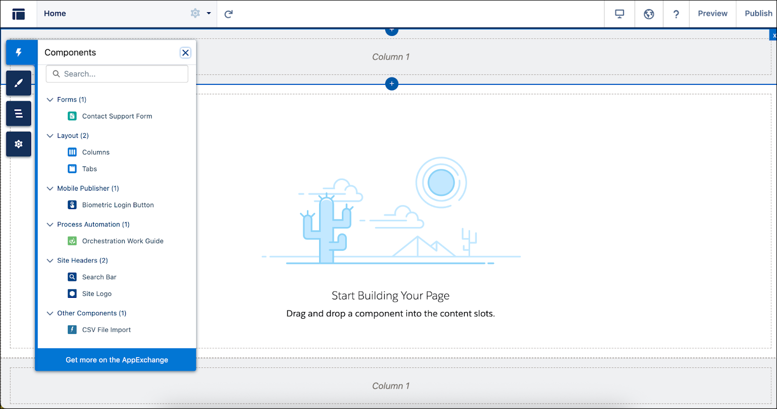 Experience Builder with the drag-and-drop palette.