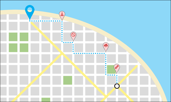 A map view of avoiding obstacles on the route