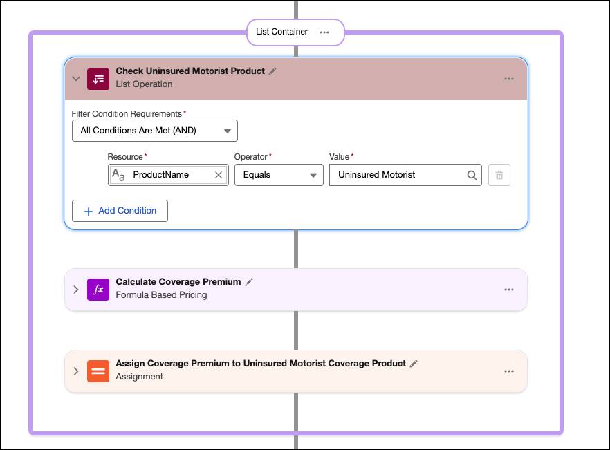 List Container with List Operation setting conditions for subsequent steps.