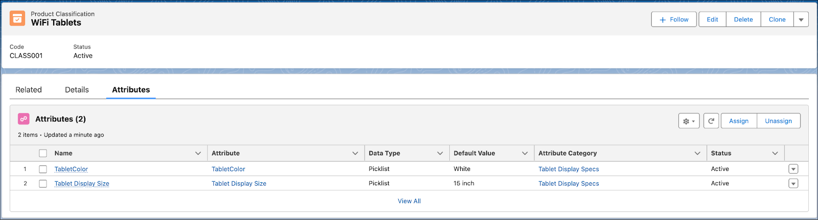 Product classification with attributes assigned.