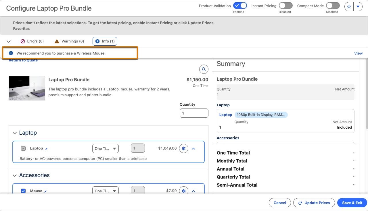 Configure Laptop Pro Bundle page with an informative message prompting the user to add a wireless mouse.