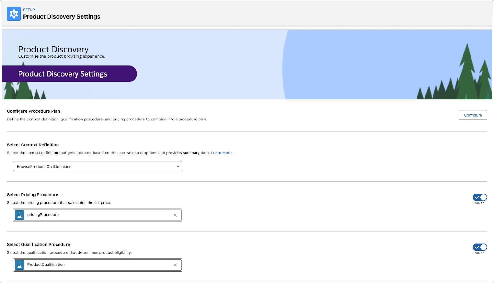 Product Discovery Settings with Context Definition and Qualification Procedure populated.