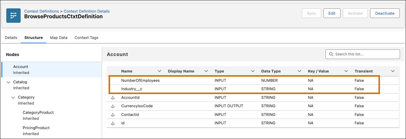 Custom context definition for browsing products with NumberofEmployees and Industry fields highlighted.