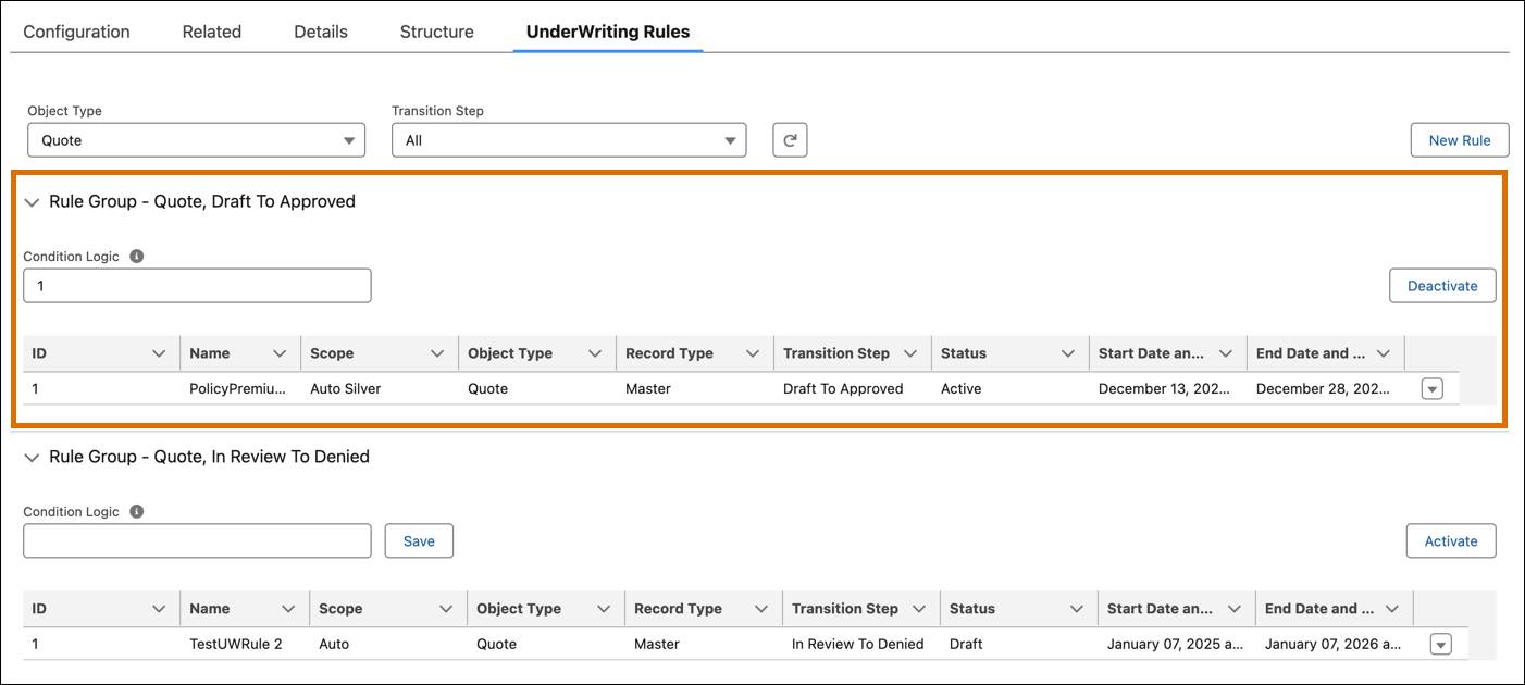 [Draft To Approved (ドラフトから承認済み)] 移行のルールグループに有効なルールが表示されている [Underwriting Rules (引受ルール)] タブ。