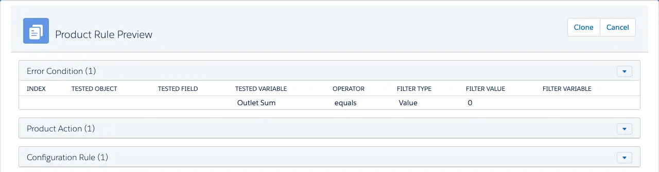 セクションが拡大された [Product Rule Preview (商品ルールプレビュー)] ページ