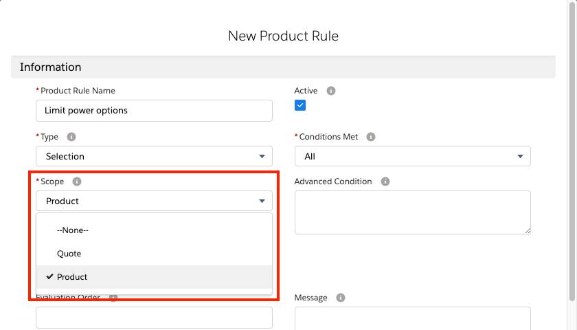 Product rule record in edit mode, with Scope field highlighted