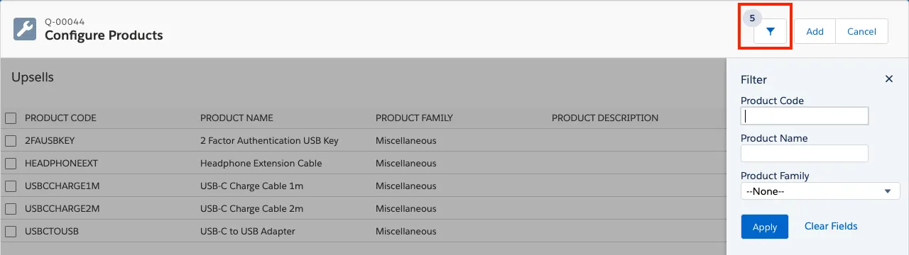Dynamic bundle product selection page with filter pane open and highlighted