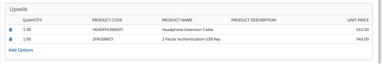 Product Configuration page with Upsells feature containing products