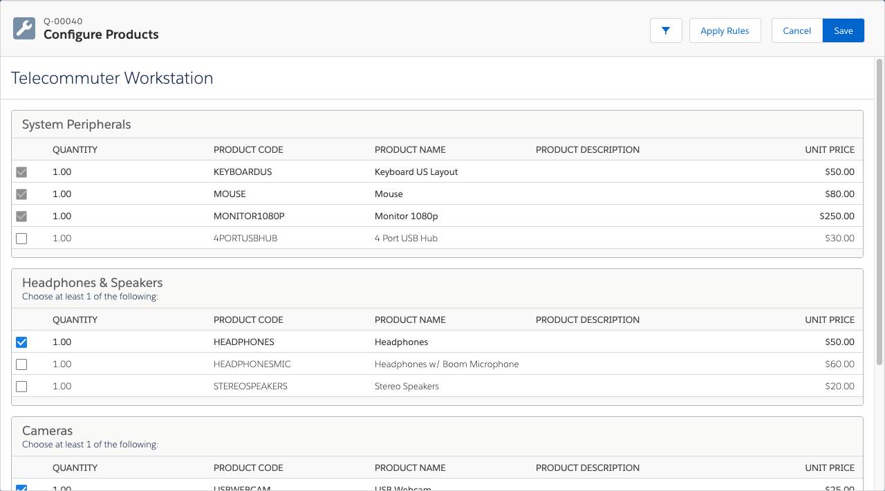 Product Configuration page for Telecommuter Workstation