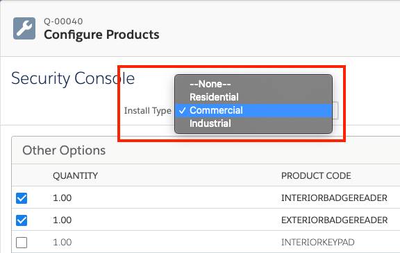 Product Configuration page with a configuration attribute picklist open