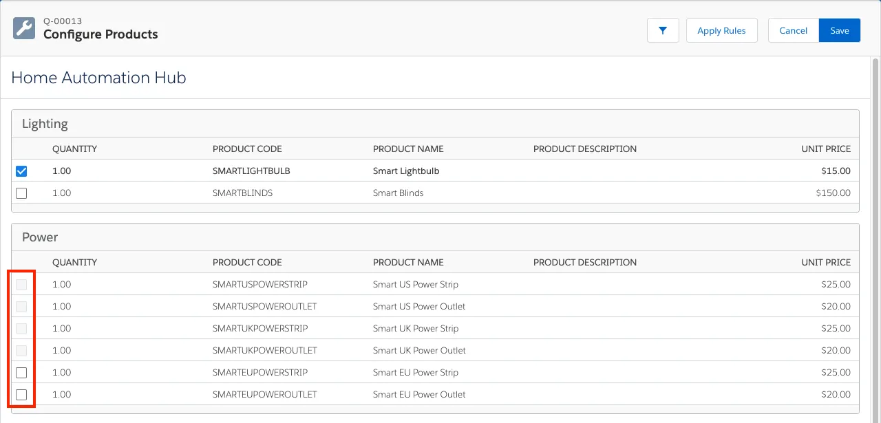 EU 以外のオプションが無効化されている [Product Configuration (商品設定)] ページ