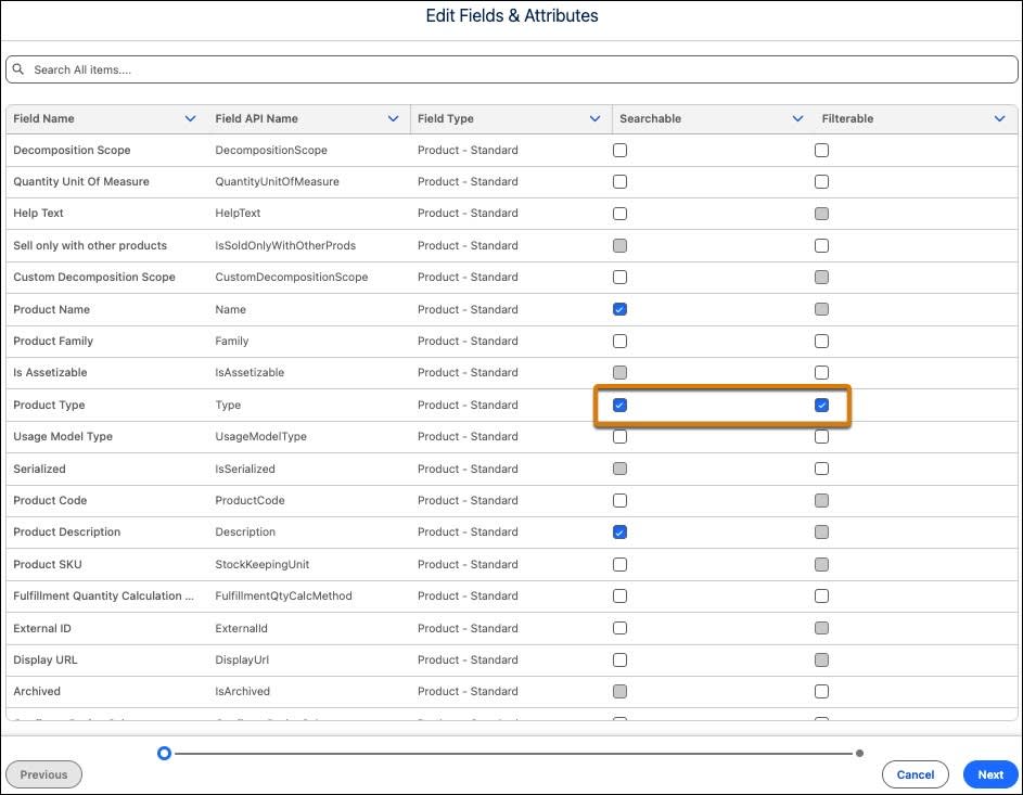 The Attributes selected for search and filtering.