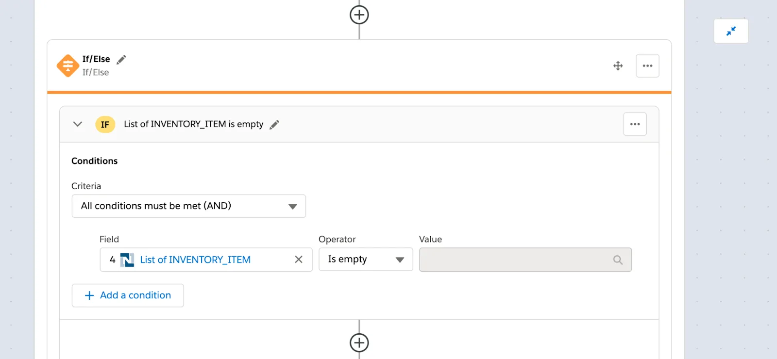 If/Else block with If branch to evaluate whether list of inventory items is empty.