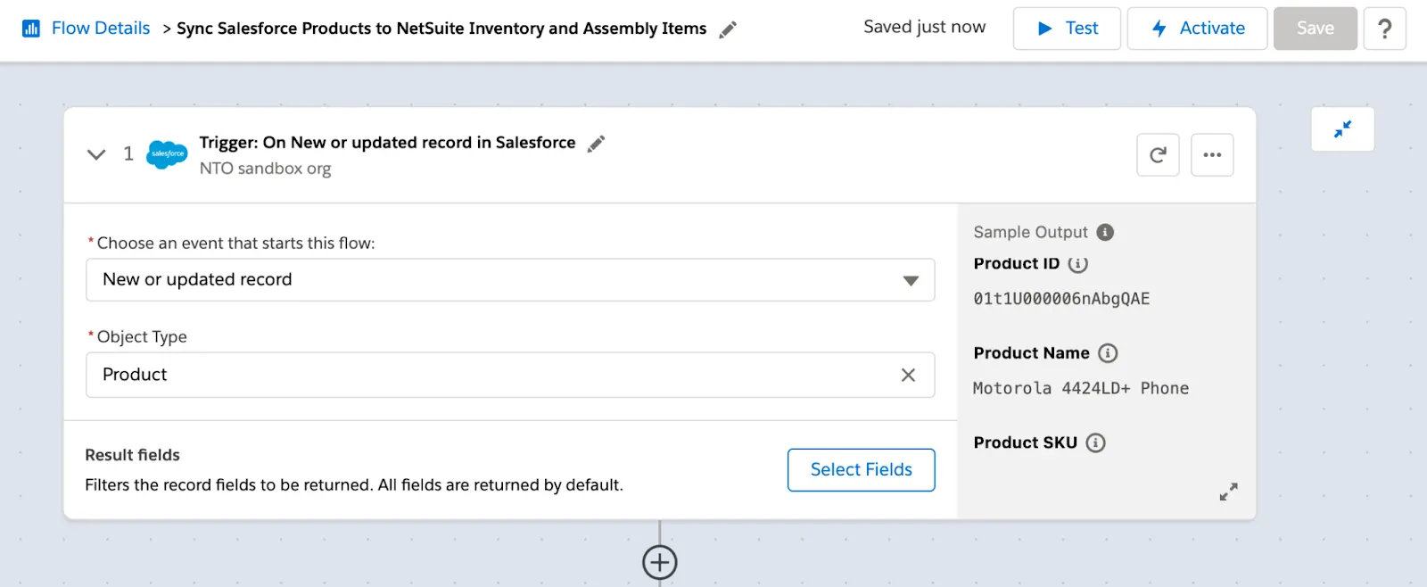 Step 1 of flow showing a new or updated product in Salesforce as the trigger.