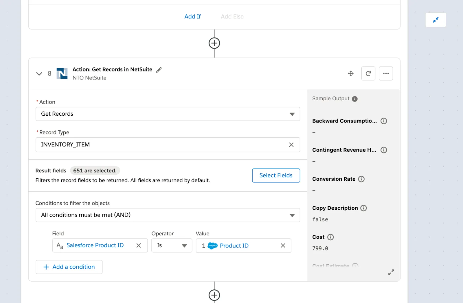 Outside of If/Else block but within For/Each block is step 8 of flow to get all inventory items with condition Salesforce product ID is product ID in step 1.