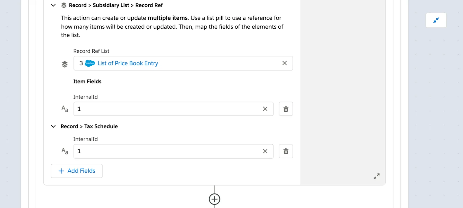 Rest of step 5 of flow with fields such as record ref list and tax schedule.