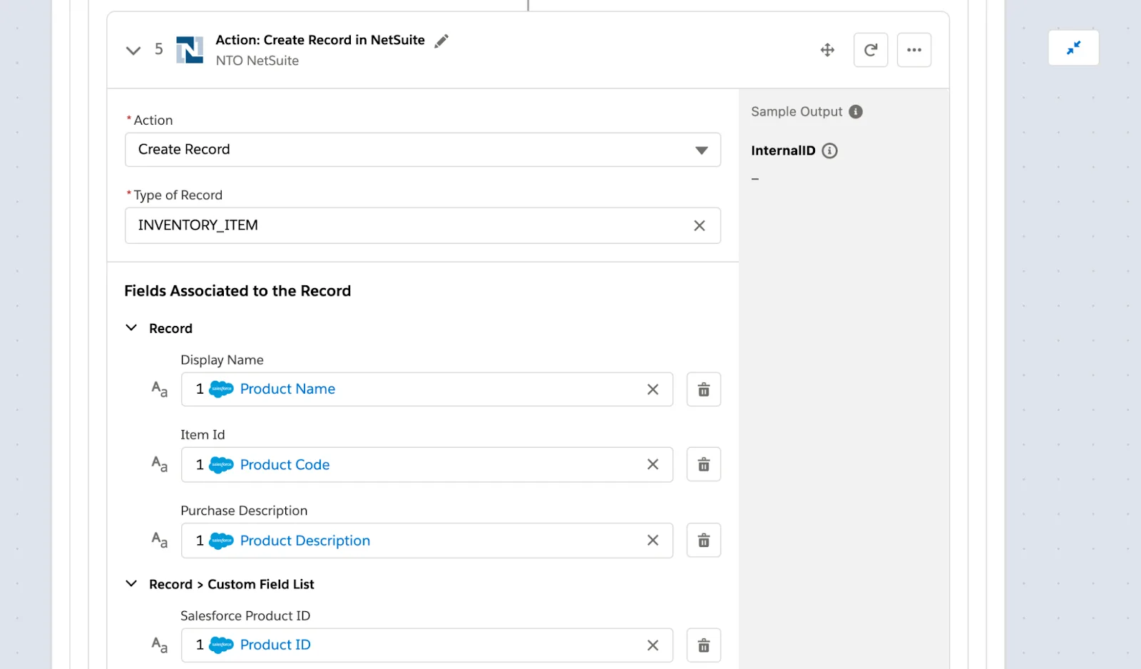 Step 5 of flow to create a NetSuite inventory item with fields such as display name, item id, and purchase description.