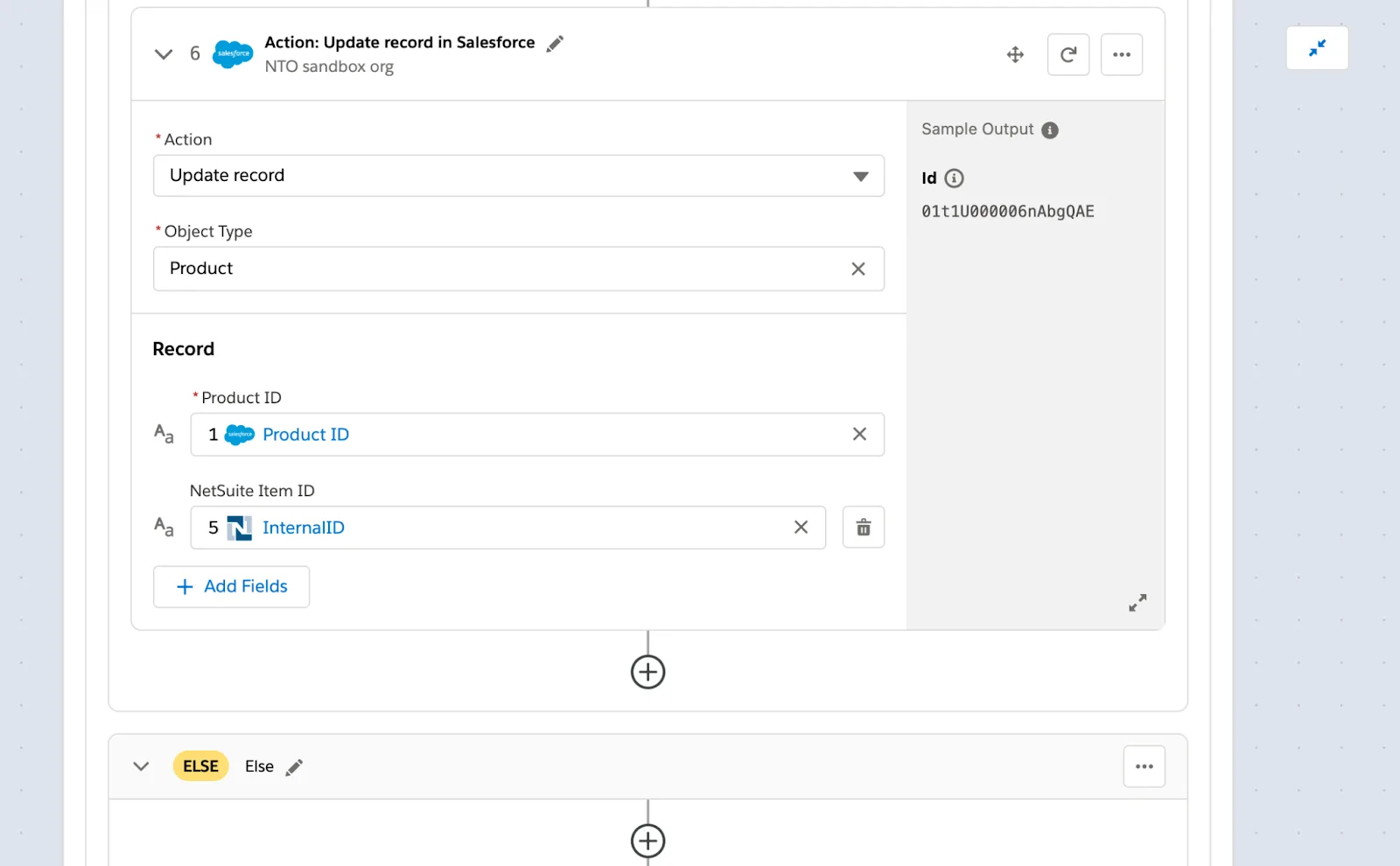 Step 6 of flow within If branch to update product with fields such as product ID and NetSuite item ID. Also shown is the Else branch.