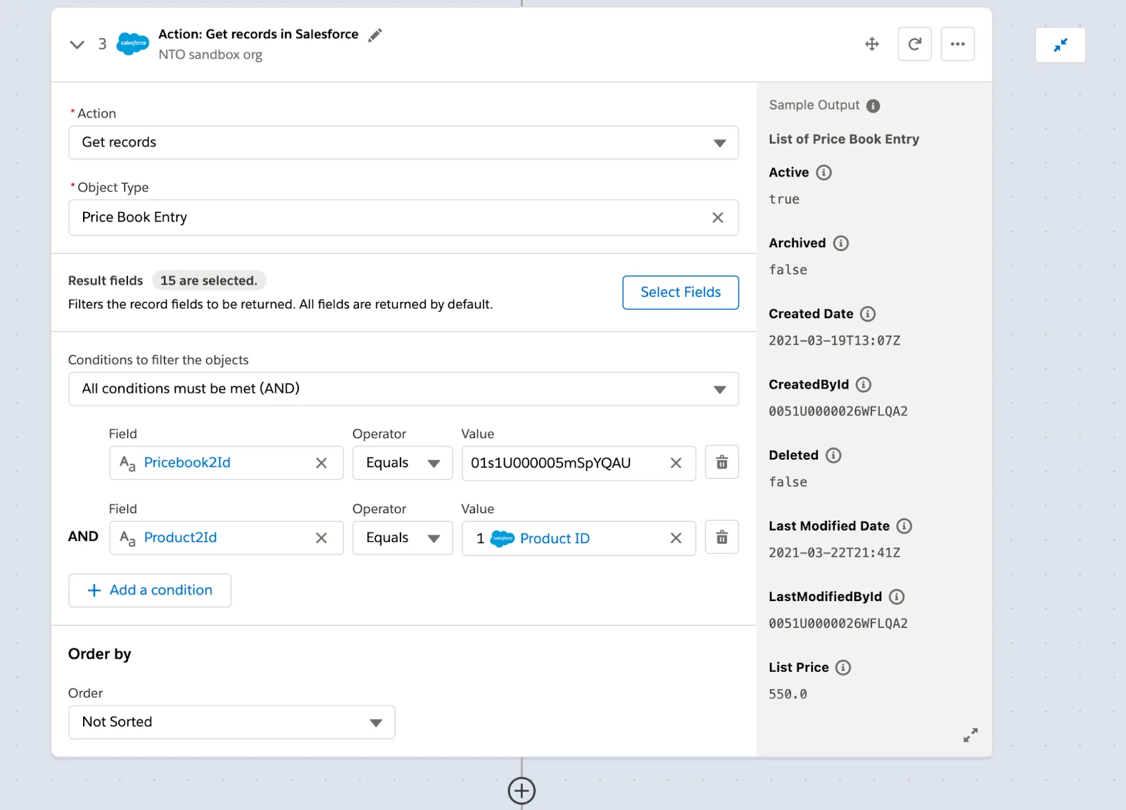 Step 3 of flow to get all price book entries with condition price book ID equals price book ID of the standard price book and product ID equals product ID in step 1.