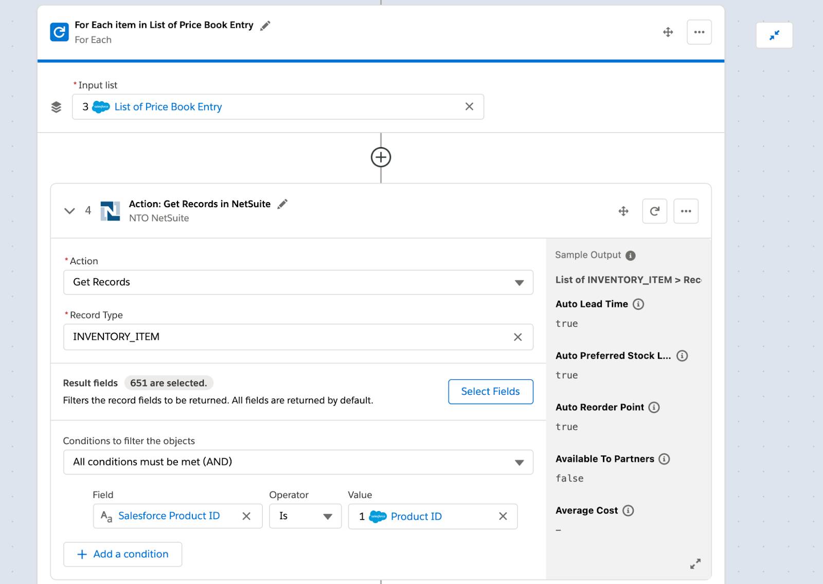 価格表のリストを反復処理する For Eachブロックと、Salesforce 商品 ID がステップ 1の商品 ID であるという条件を使用して在庫品目をすべて取得する、フローのステップ 4