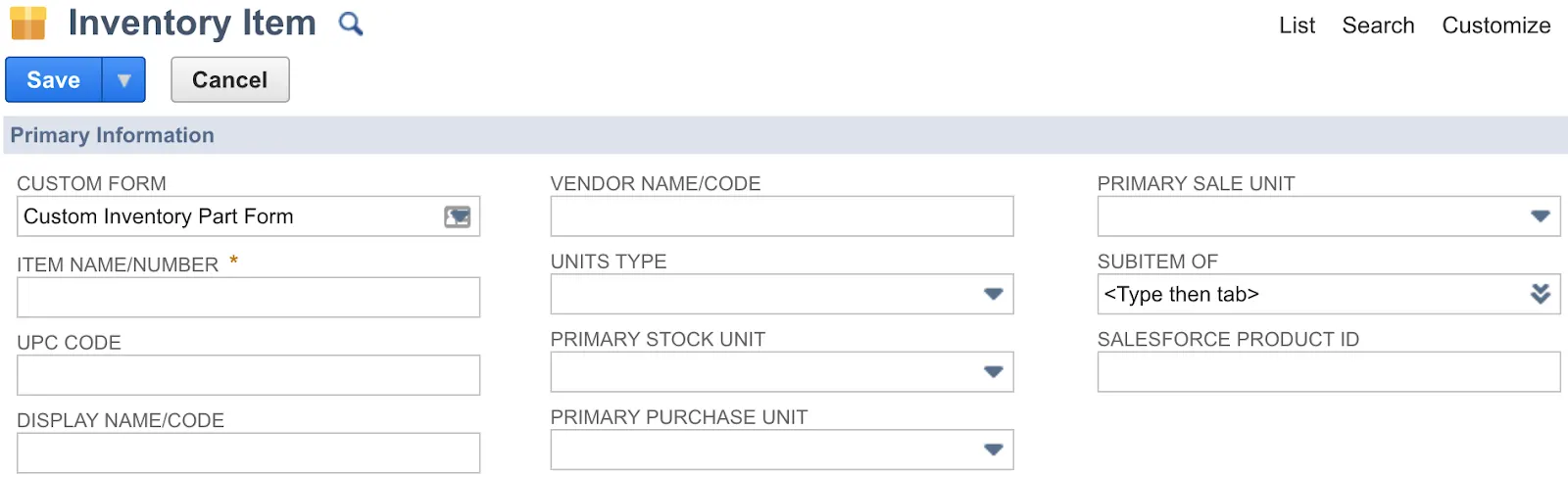 Inventory Item page with custom field Salesforce Product ID.