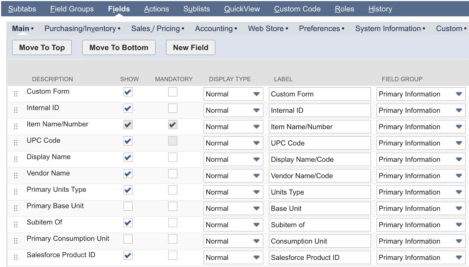 Fields tab of Custom Inventory Part Form with various fields.